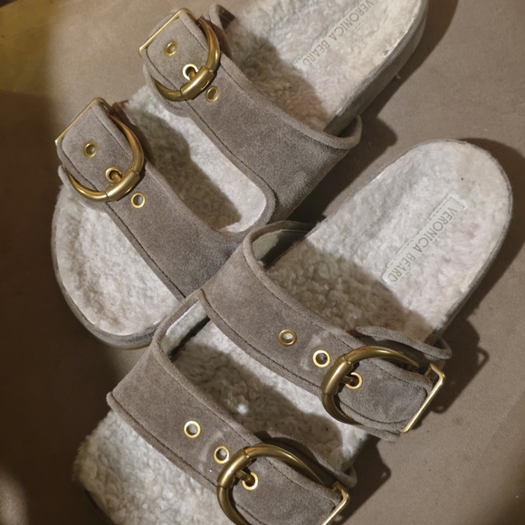 Veronica Beard Taupe Sandals with Gold Buckles